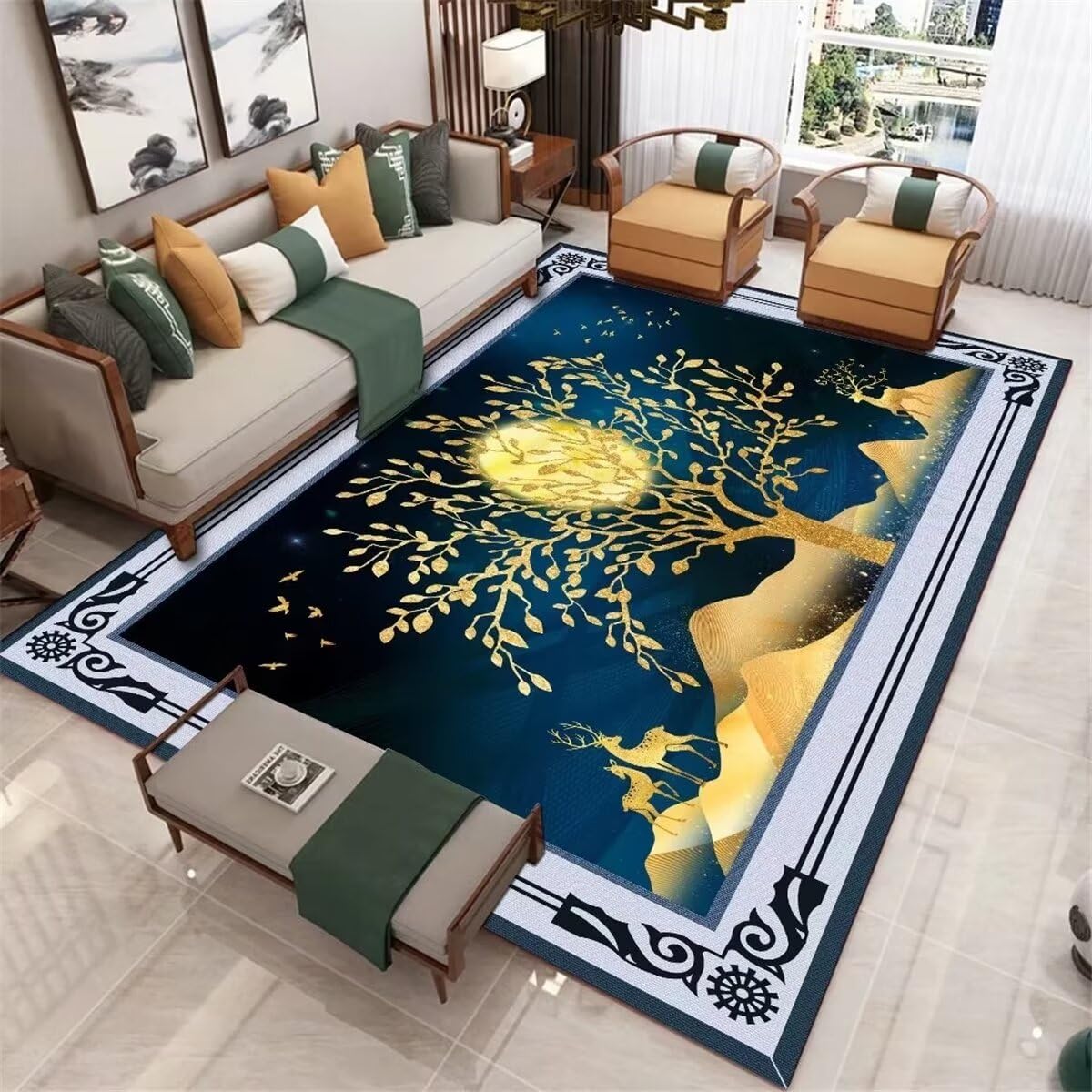Tapis de chambre à coucher de luxe design peinture à l'encre bleue 100x200cm