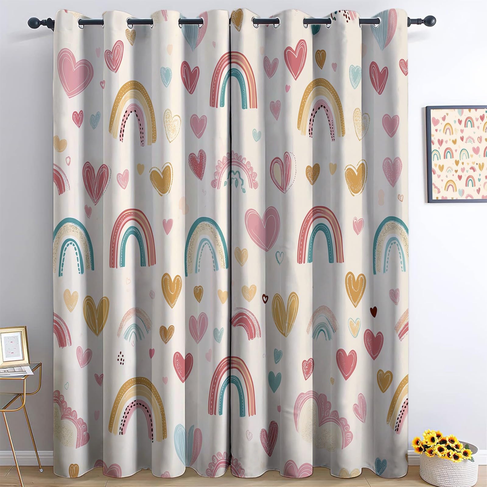 Cream Blackout Curtains Eyelet - Cute Love Rainbow Privacy Drapes for Bedroom Living Room Window Decor, W 66" x L 90" (2 Panels) Printed Soft Curtain Set