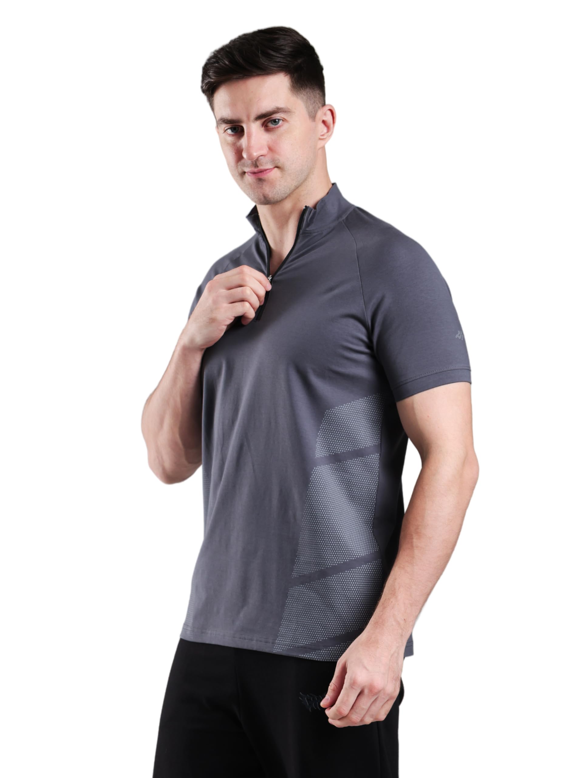 Half Quarter Zip Performance T Shirt for Men Workout | Cotton Pique Blend Henley Collar Printed Half Sleeve T Shirt for Men Gym-image-48
