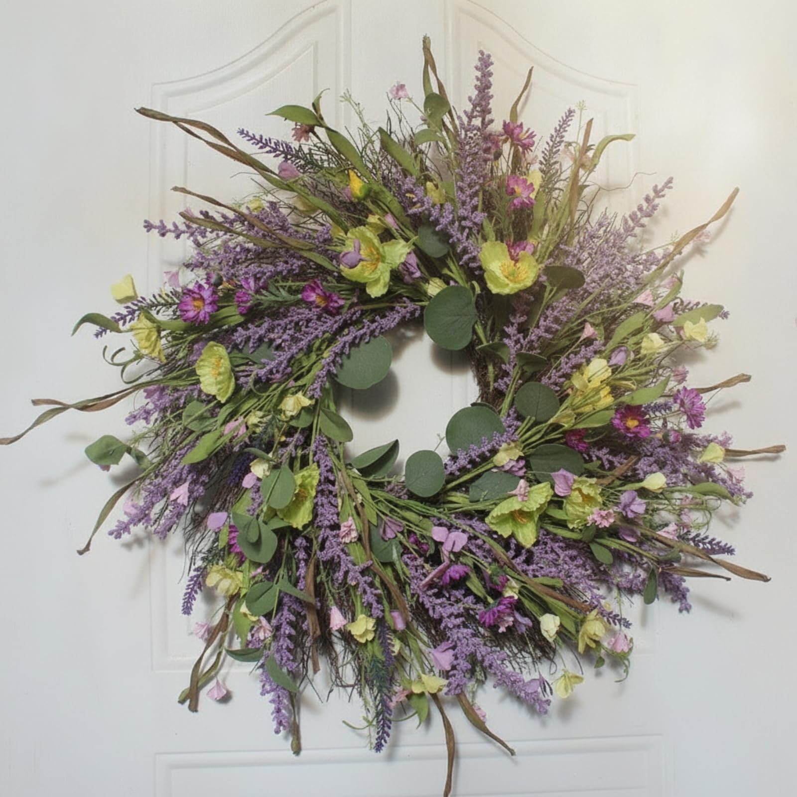 Ghirlanda di Lavanda Artificiale Corona Floreale Ghirlanda Corona Decorativa con Foglie E Gialli Struttura Rotonda Aspetto Primaverile Adatta per Porta di Casa Pareti Interne