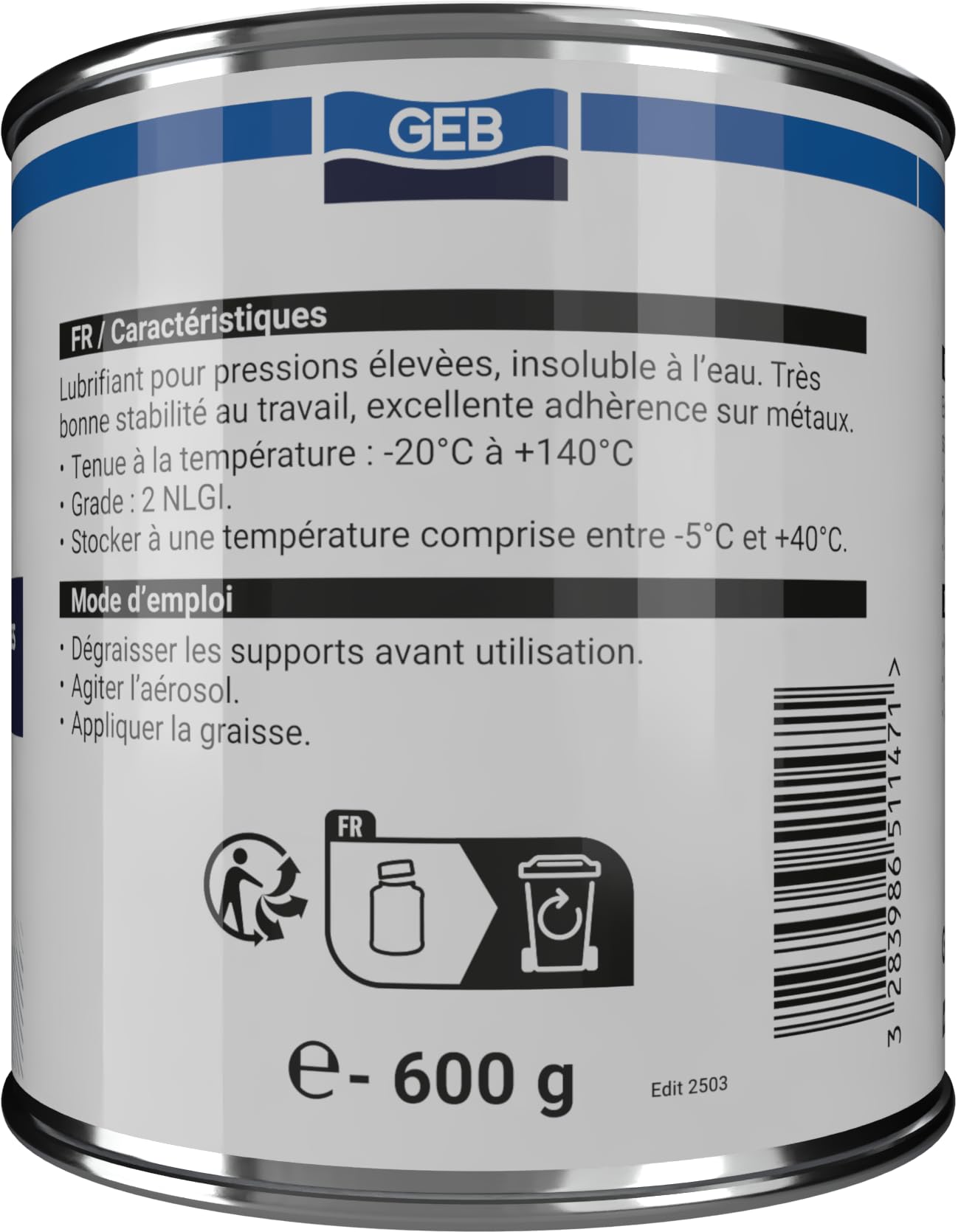 GEB Graisse multiservice. Graissage Techniques d'organes Soumis à des Conditions sévères de Travail : Hautes températures, Vitesse… - Pot 600 g