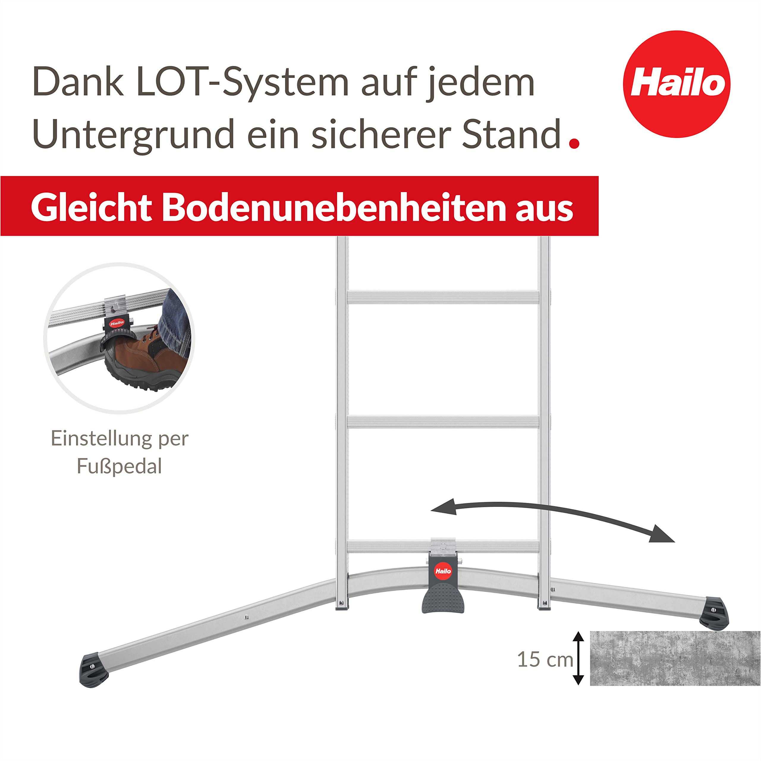 Hailo S98 ProfiLOT 3-teilige Alu-Kombileiter mit Lot-System - gleicht Unebenheiten aus - 3 x 12 profilierte Sprossen belastbar bis 150 kg - Leiter rostfrei - Silber