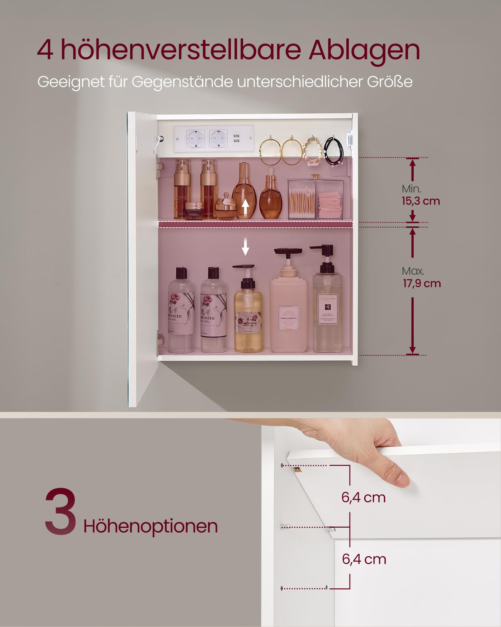 VASAGLE Kailyn Kollektion - Spiegelschrank mit Beleuchtung, 16,5 x 50 x 60 cm, Badezimmerschrank, Wandschrank, Steckdosenleiste, Entfogging-Funktion, 10x Vergrößerungsspiegel, modern, weiß BBK133W01