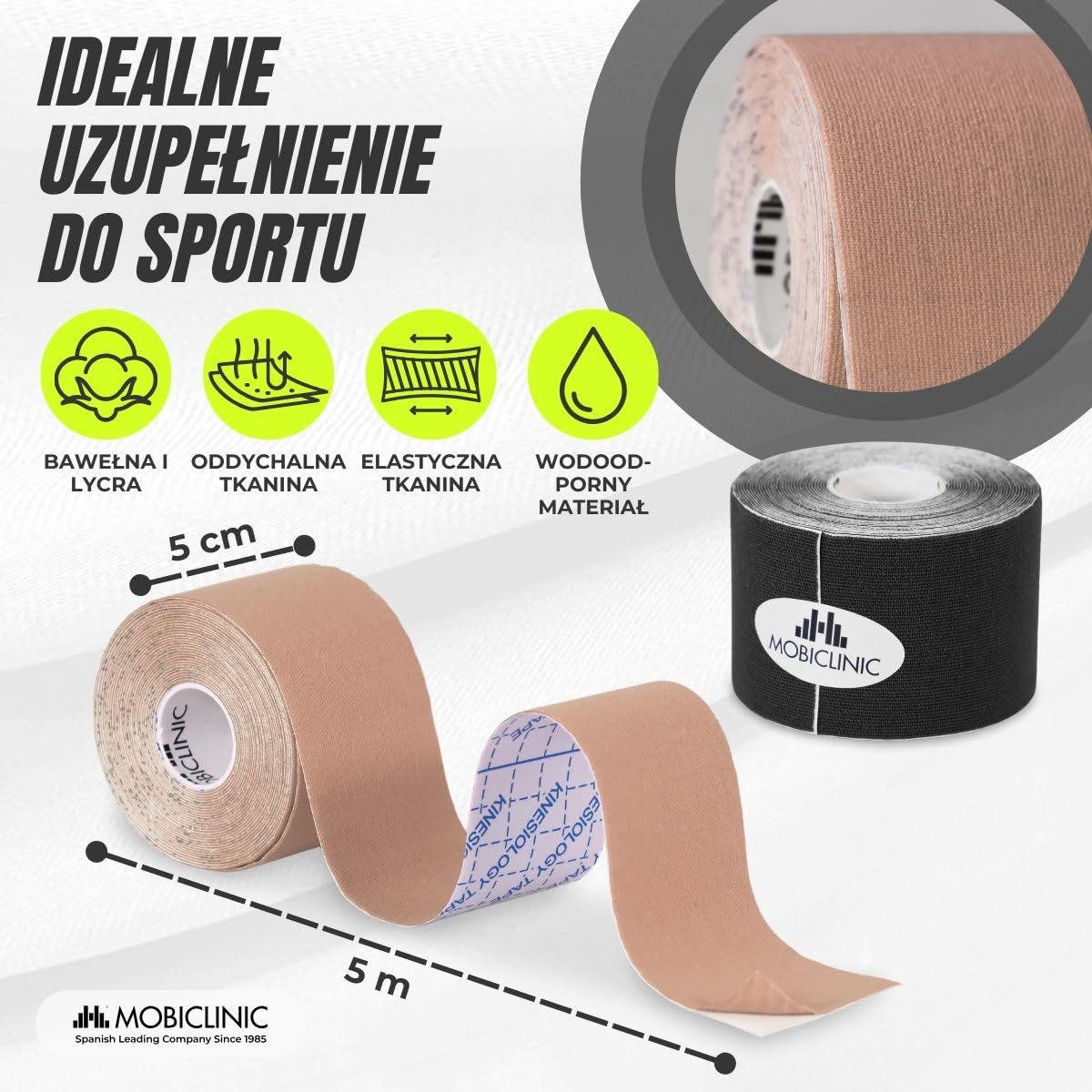 Mobiclinic, Pakiet 2 taśm kinesiotape, 5mx5cm, Mobitape, Elastyczna taśma samoprzylepna, Muscle pain relief, Elastyczny, Kinesiology bandage, Rolka, Czarny i beżowy