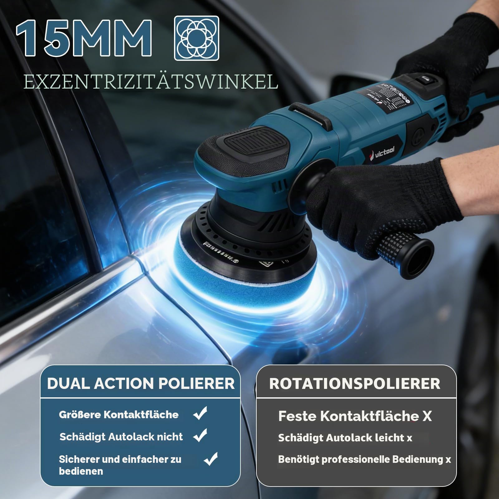 Exzenter Poliermaschine, Auto Exzenterpolierer 15mm 1600W Polierer mit 6 Variable Geschwindigkeit 600-3600RPM, mit Polierschwamm und Wolltücher, zum Polieren von Auto, Motorrad, Möbeln