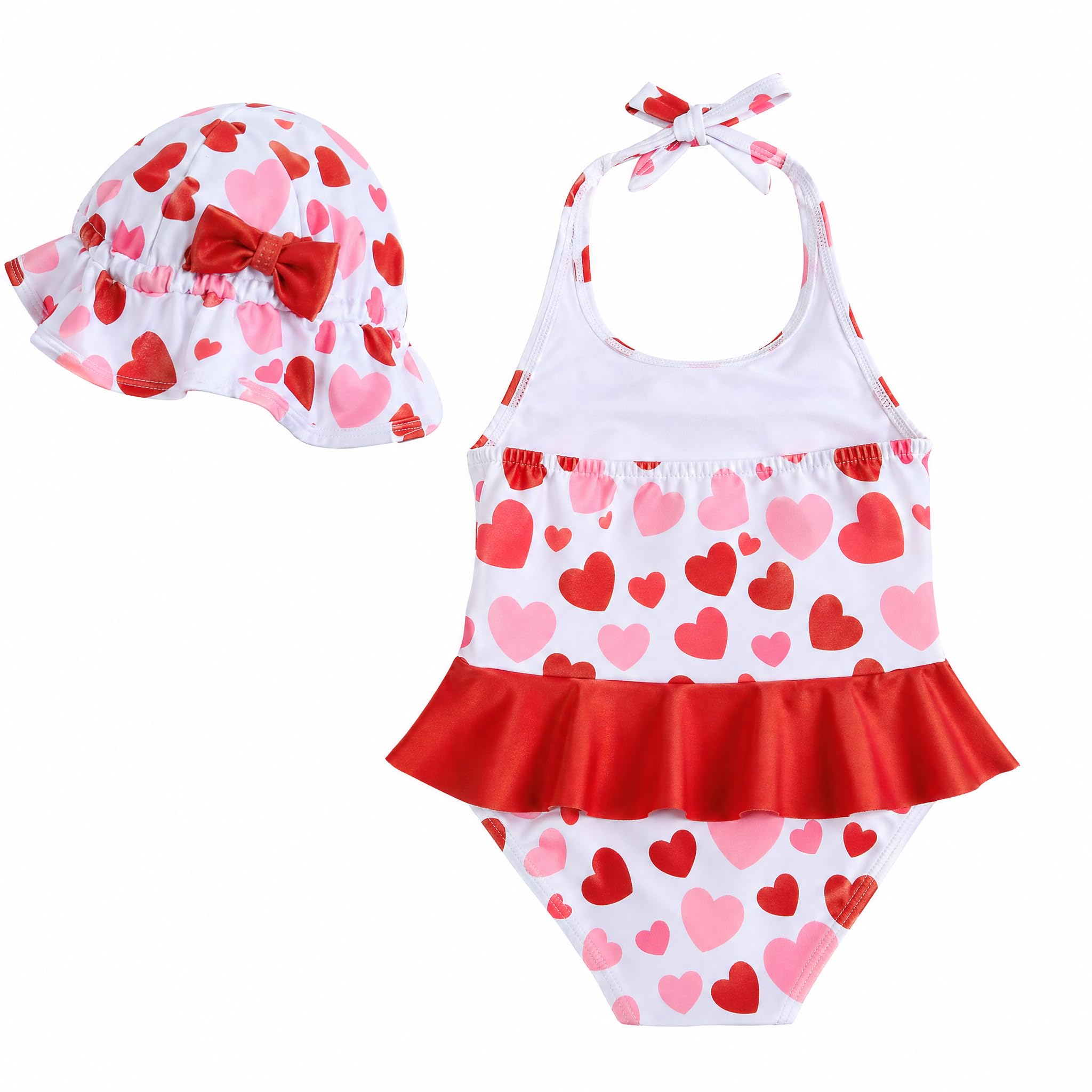 JiAmy Costume da bagno per neonata con grazioso cappello, senza maniche, costume da bagno intero con fiocco, costume da bagno estivo, 0-24 mesi
