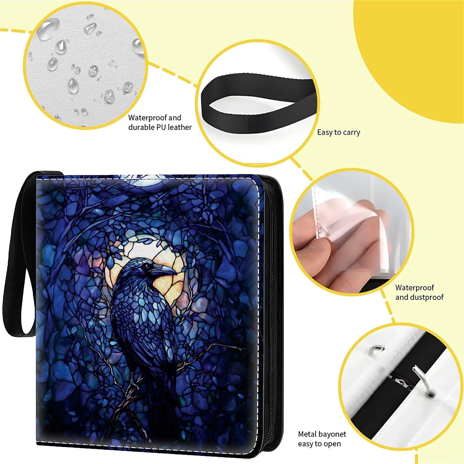 Card Binder 900 Pockets, 50 Sleeves Large Binder Trading Cards Holder 9 Pocket, Storage Organizer, Album Folder Case Protector Collector Gift Blue Sun Stained Glass Raven image 5
