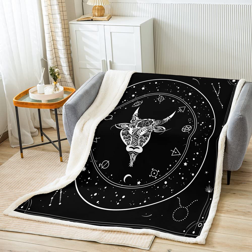 Taurus Kids Throw Blanket,Starry Sky Galaxy Trippy Bed Blanket for Girls Boys Adults,12 Constellations Astrology Zodiac Fleece Blanket,Black Retro Fuzzy Blanket,Throw Size (50 x 60 Inches)