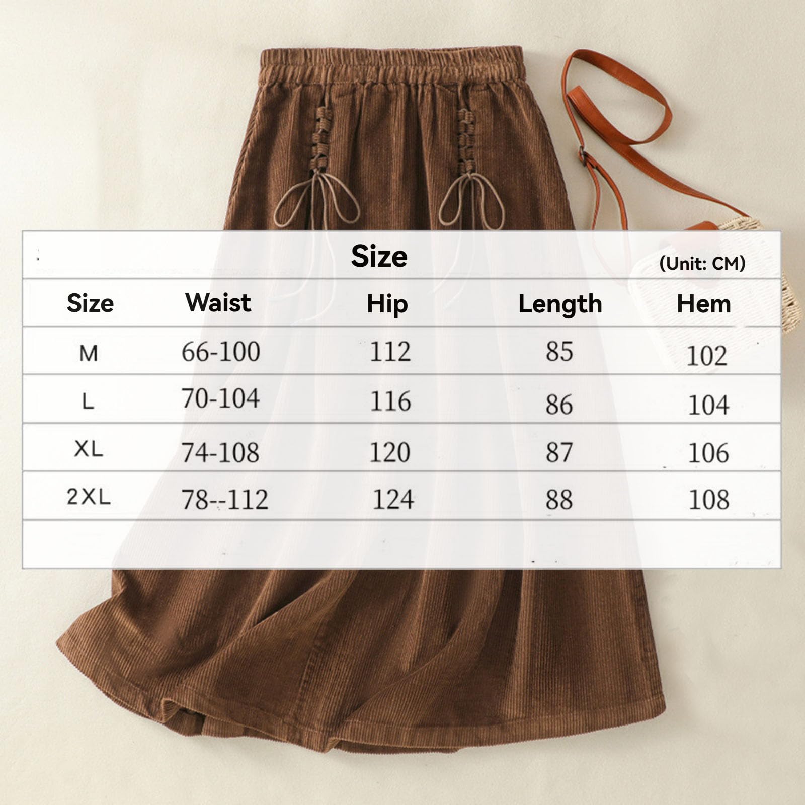 Jupe Maxi Corduroy de Femmes avec nœud de Cravate latérale, Jupe Longue à Taille élevée élastique A-Line pour l'automne et l'hiver