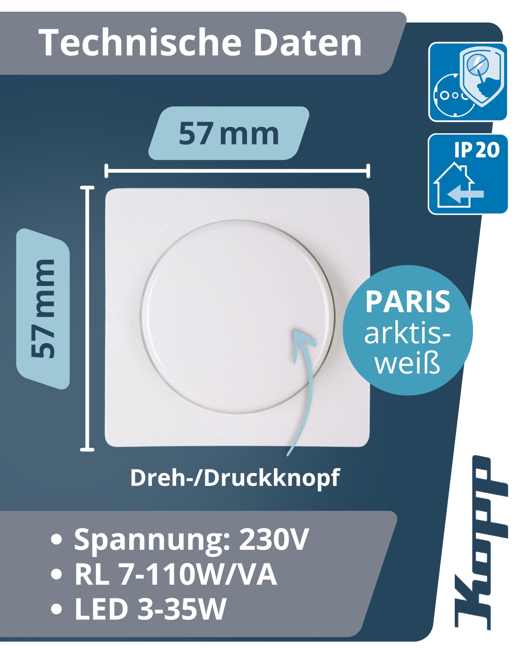 Kopp PARIS Druck-Wechselschalter-Dimmer mit Drehknopf - Arktis-Weiß - Für 7-110W Glühlampen & 3-35W LED - Dimmbarer Lichtschalter für Trafos - Phasenanschnittsdimmer mit Softrastung