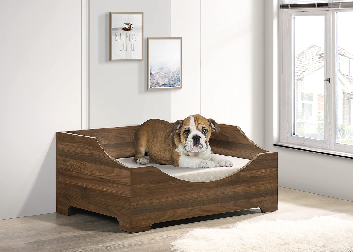 Gibson Brown Alder Wood Dog Bed Frame – 36" Wide Modern Comfy Pet Bunk Bed with Cushion