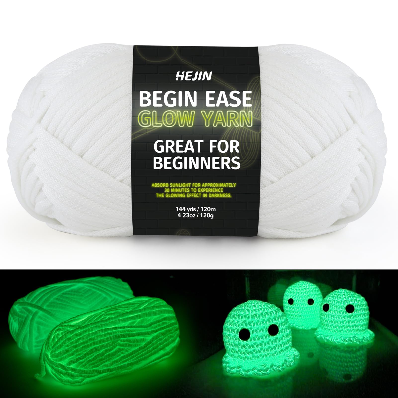 120g Glow in The Dark Yarn for Crocheting and Knitting; 120m(144yds) Yarn for Beginners with Easy-to-See Stitches; Worsted-Weight Medium #4; Yarn for Beginners Crochet Kit Making