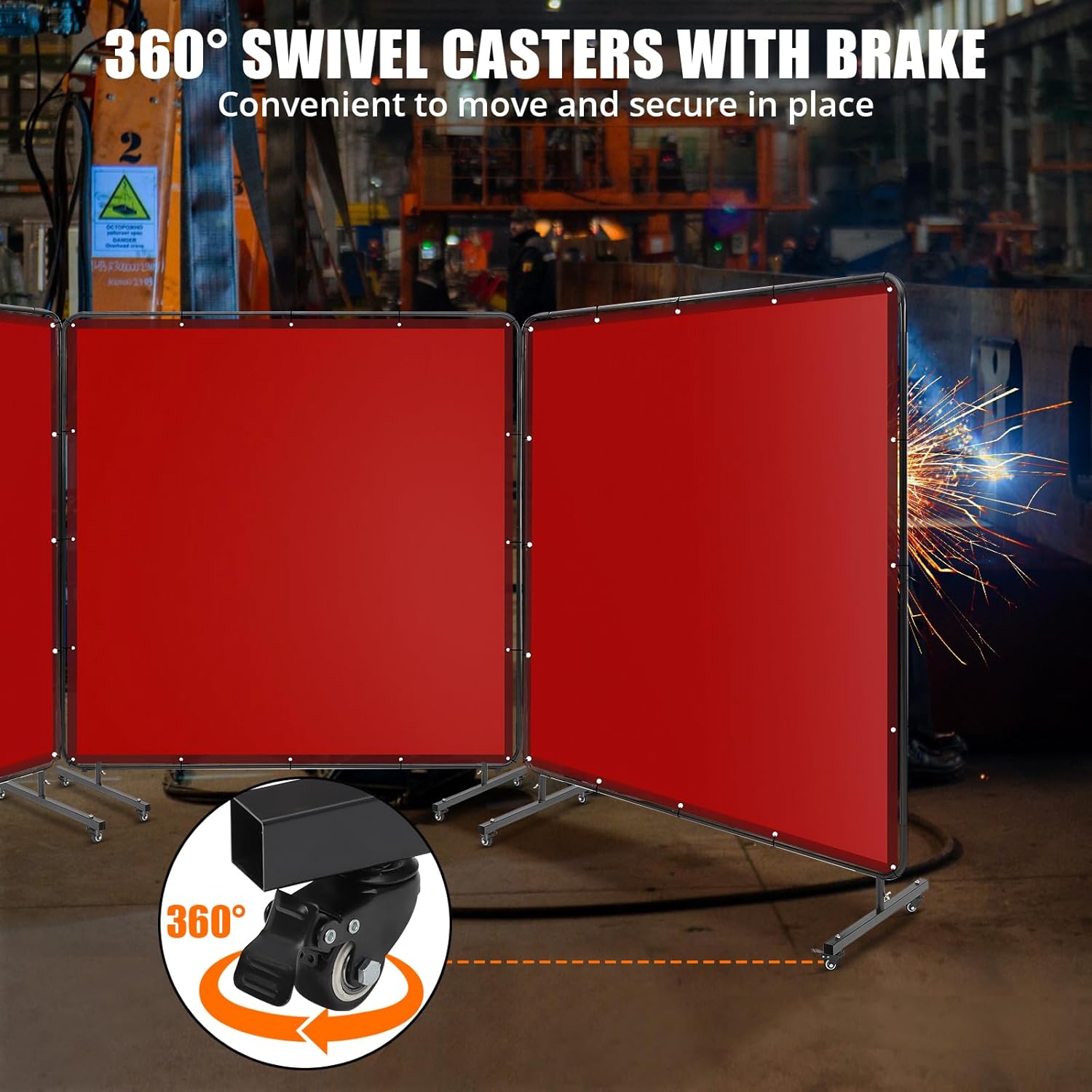 Flame-Resistant 3-Panel Red Vinyl Welding Screen with Frame & 12 Swivel Casters (6 Lockable) – 6x6ft Portable Fireproof Welding Curtain for Workshop, Garage, Grinding – Red, With Casters