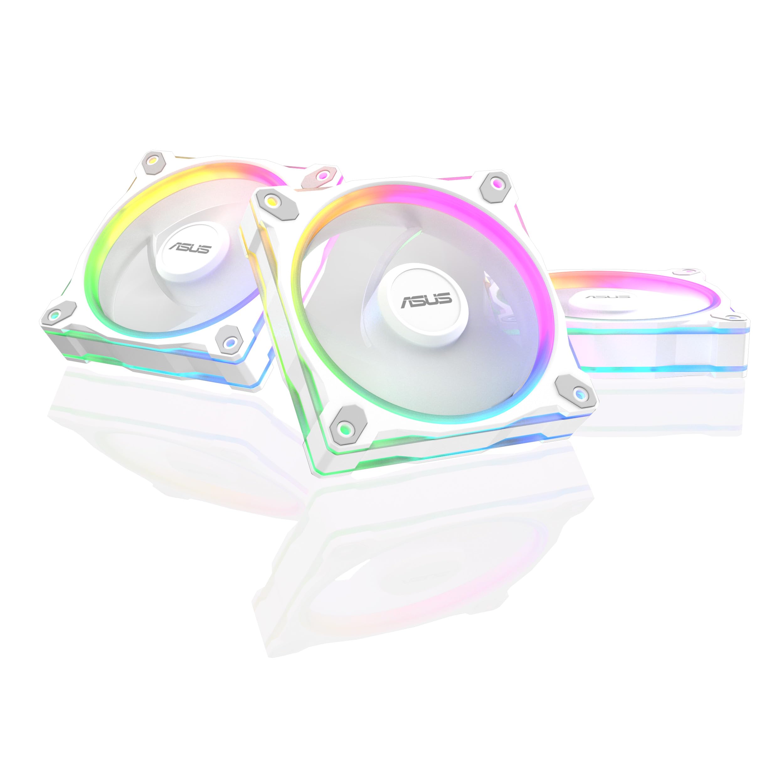 ASUS Prime MR120 White 3in1 ARGB Reverse-Gehäuselüfter 3er-Set (beidseitige Beleuchtung, 20 adressierbare RGB-LED, 28 mm, PWM-Steuerung, Lüfterdrehzahl 1600 U/min, 23dB(A) Lärmpegel, 58 CFM, Weiß)