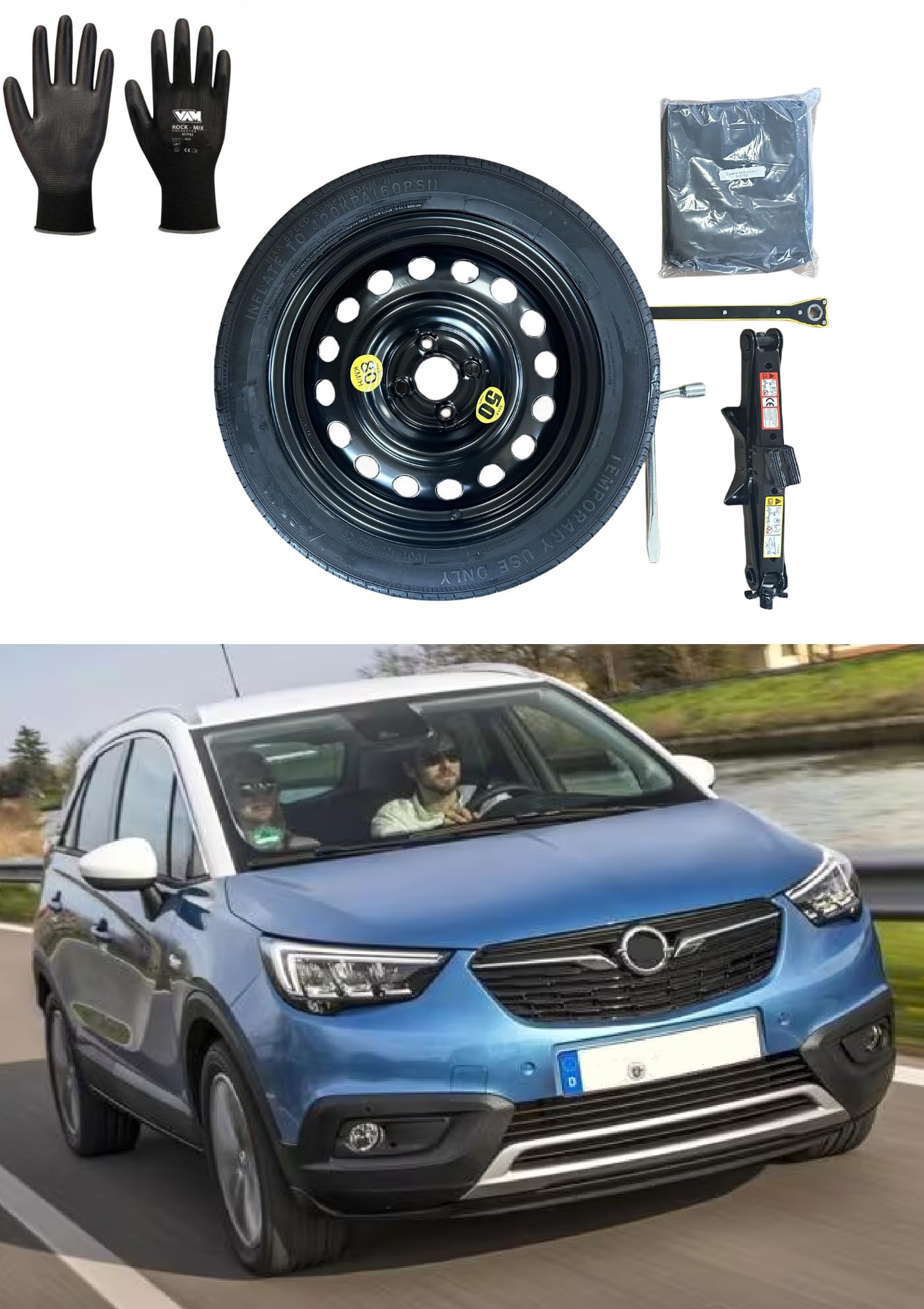 Kit Ruotino di Scorta 16" compatibile con Opel Crossland X con Cric, Chiave, Guanti e Sacca 125/85R16