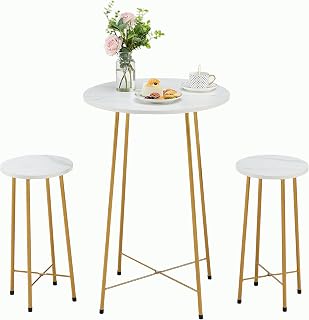 VECELO Small Bar Table and Chairs, Round Bistro Sets with 2 barstools, 3-Piece Pub Dining Furniture, Counter Height Wood Top for Breakfast Dinner Coffee Nap Conference, Easy Assembly,Gold