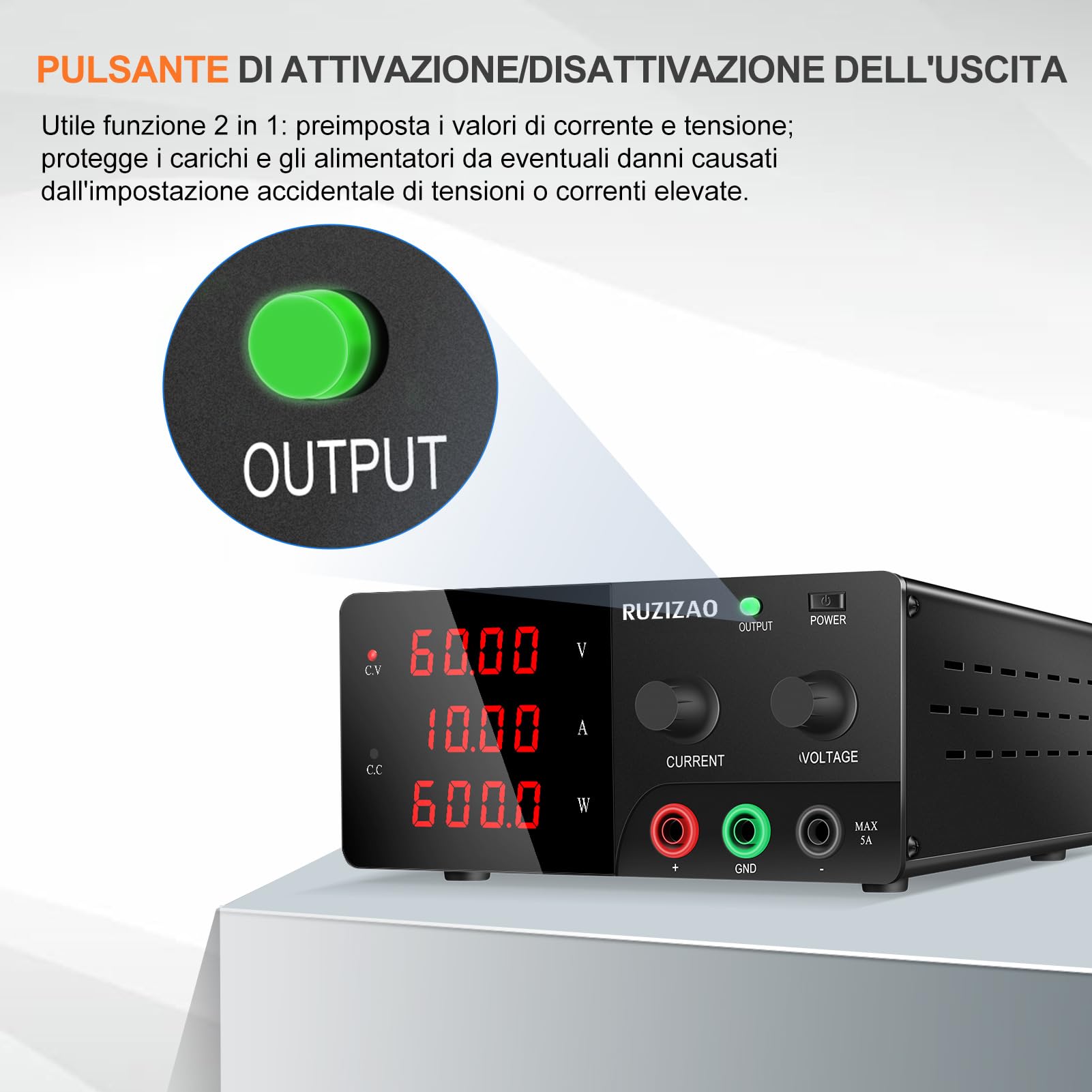 Alimentatore da Banco 60V 10A 600W Alta Potenza Alimentatore da Laboratorio Regolabile con OUTPUT/Encoder, Alimentatore Stabilizzato con Display LED a 4 Cifre e Uscita Stabile per Elettronica