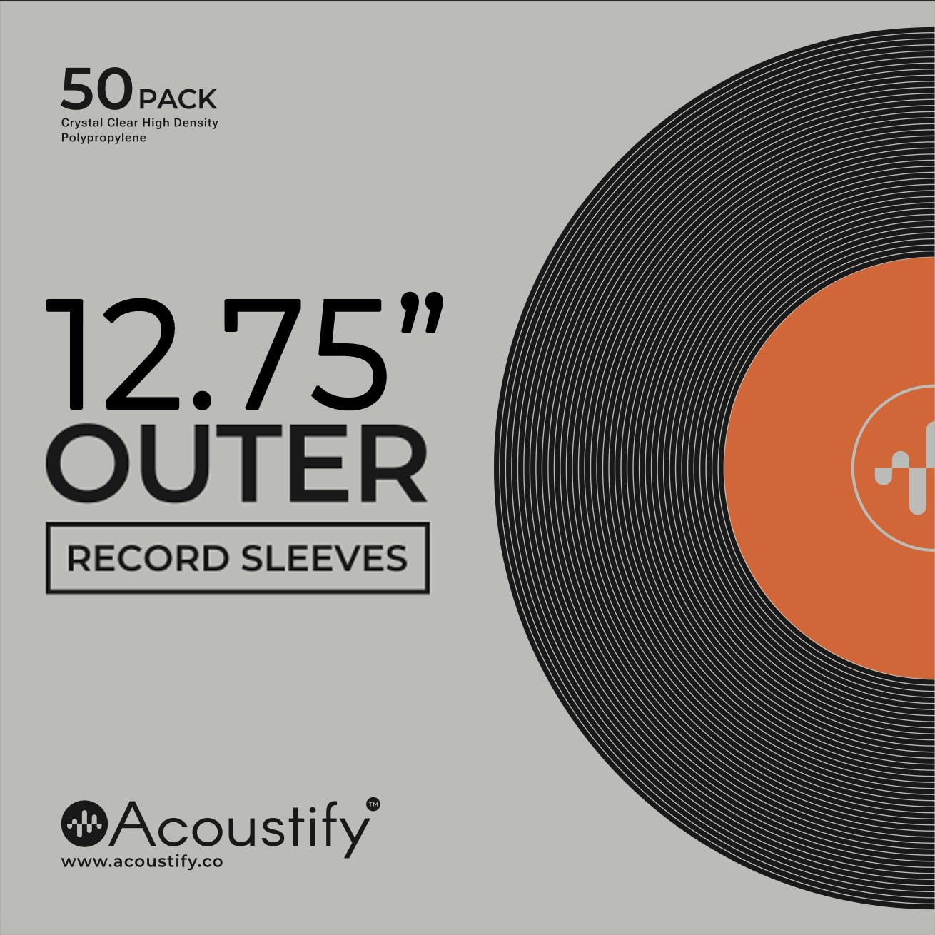 Acoustify 50x Premium Quality Vinyl Record Outer Sleeves,12.75" x 12.75" for 12" LP, Crystal Clear 3 Mil, 50 Pack