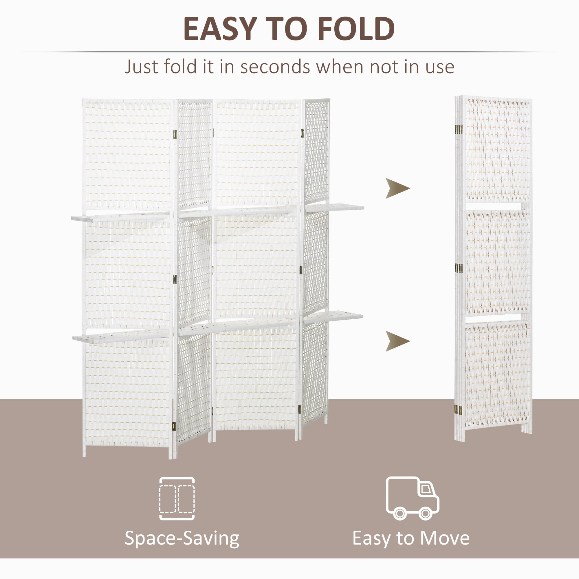 HOMCOM Biombo Divisor de 4 Paneles Plegable 181x180 cm Blanco | Separador de Ambientes, Divisor de Habitación con Estantes, Decoración, Partición, para Dormitorio Salón Cocina