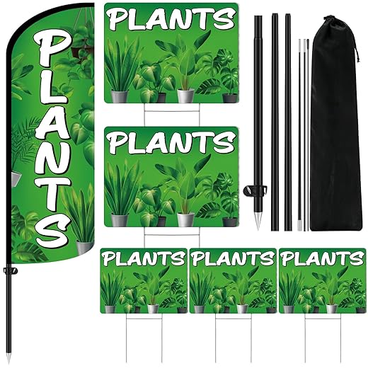 Moukeren 6 Pcs Plant Feather Banner Flag Kit Plant Feather Banner with Black Metal Pole and Plants Yard Signs Weatherproof Outdoor Sign for Nurseries Tree Farms Store Windows Roadside Displays