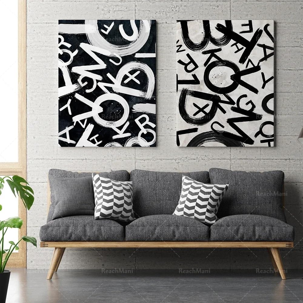 BMGKYAGL Abstrakcyjny plakat z literą, czarno-biały nadruk abstrakcyjny graficzny obraz ścienny na płótnie malarstwo nordic plakat do salonu dekoracja (60x80cmx2/wewnętrzna rama)