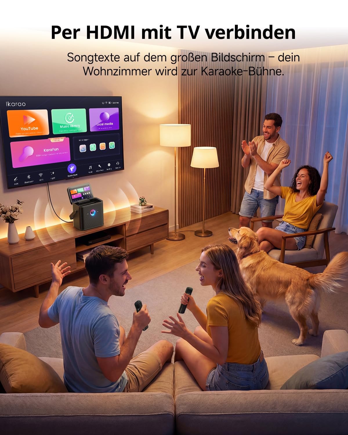 Ikarao Karaoke-Maschine für Erwachsene Kinder, mit Songtext-Display, WiFi-Verbindung zu YouTube & Karaoke-App, 2 EQ Autotune drahtlose Mikrofone, tragbares PA-System für Zuhause, Familie, Party