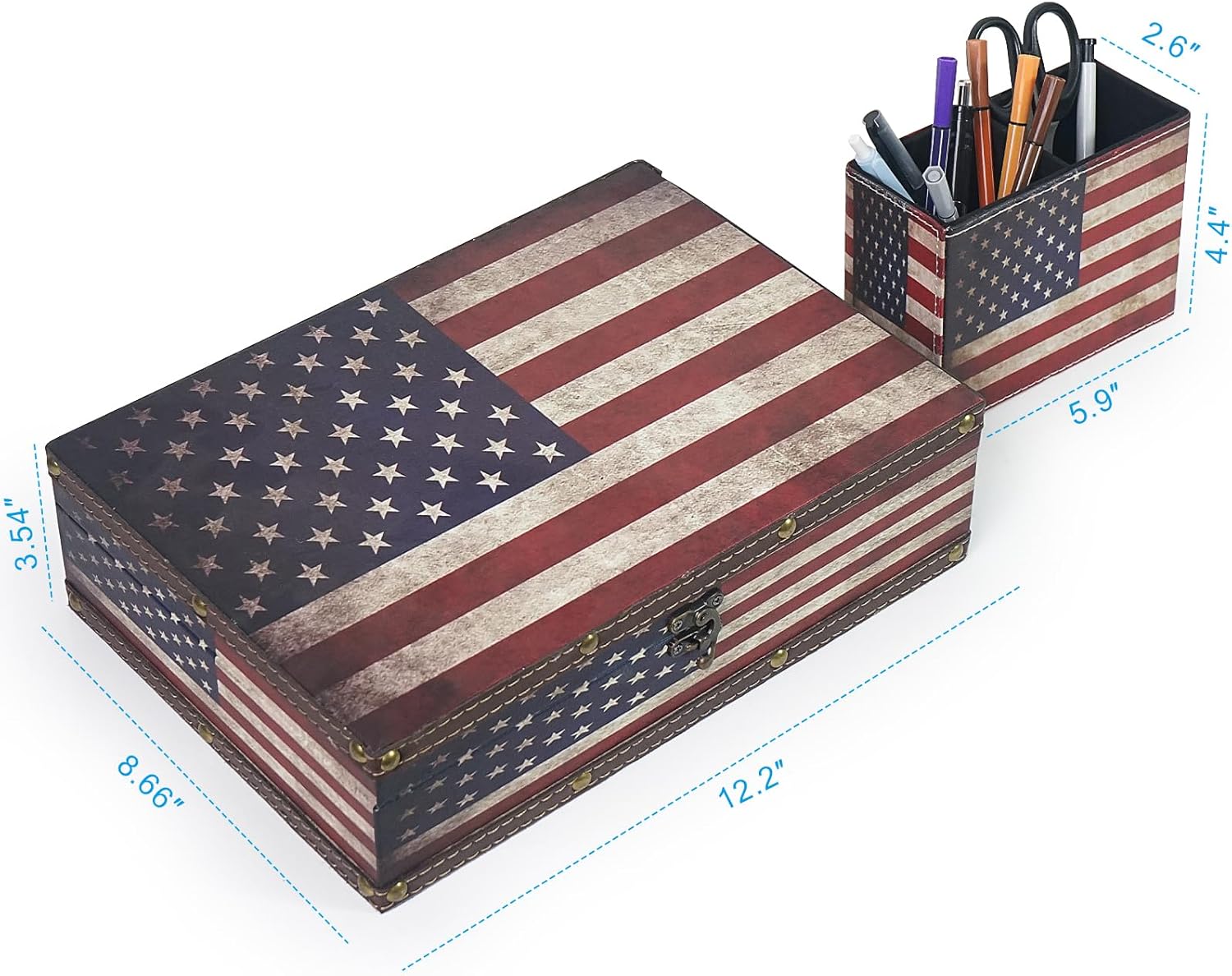 DreamsEden Vintage American Flag Wooden Keepsake Box & Pen Pencil Holder Cup - Patriotic Table Decoration Decorative Storage Boxes Memorial Gifts Desk Office Home Decor