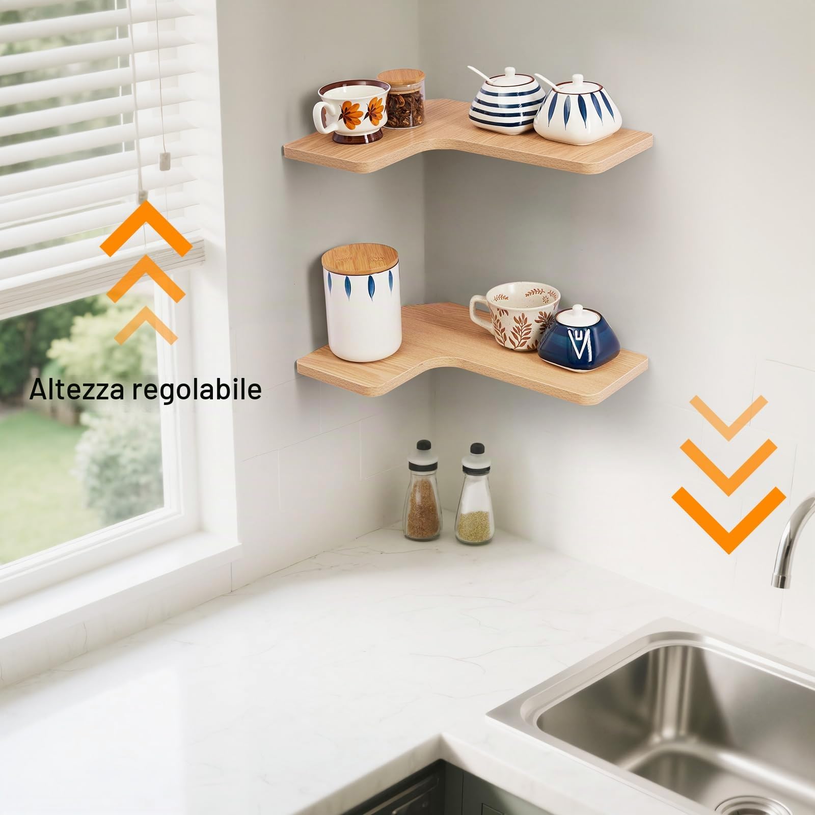 Gieanoo Mensola angolare da appendere, set da 2 scaffali da 40 cm, a forma di L, in legno, per cucina, bagno, soggiorno, camera da letto (naturale)