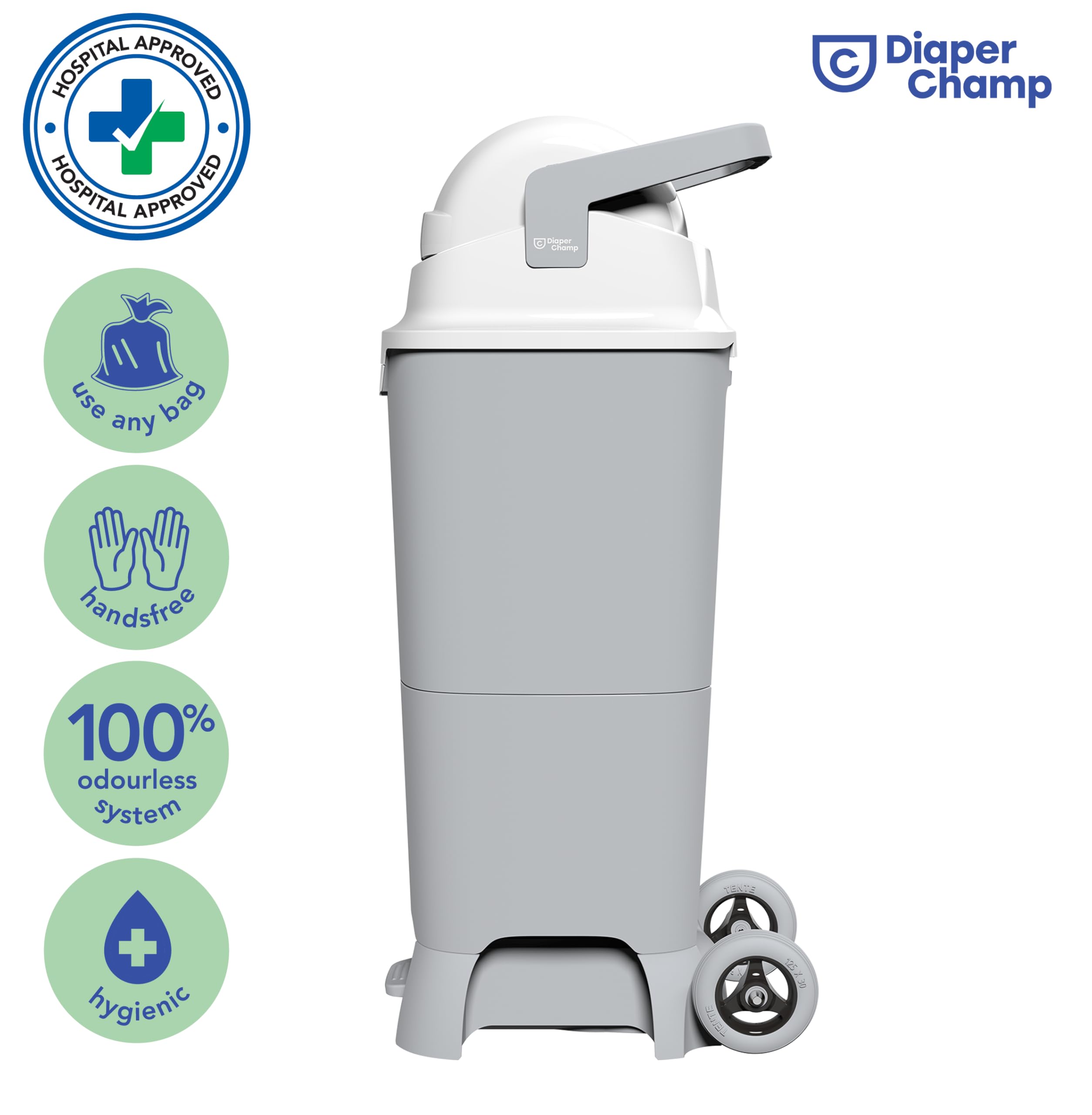 DIAPER CHAMP Maxi Handsfree plus - Mangiapannolini inodore - A mani libere - Grande capacità - 60 pannolini - con ruote - Usa sacchetti normali - Ideale per asili nido, scuole materne.