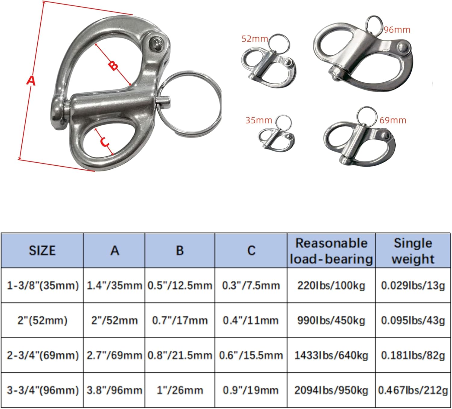 Marine Grade 316 Stainless Steel Fixed Shackle Hand Pull Quick Hanging Shackle snap Hook for Hoisting Rope Suspension