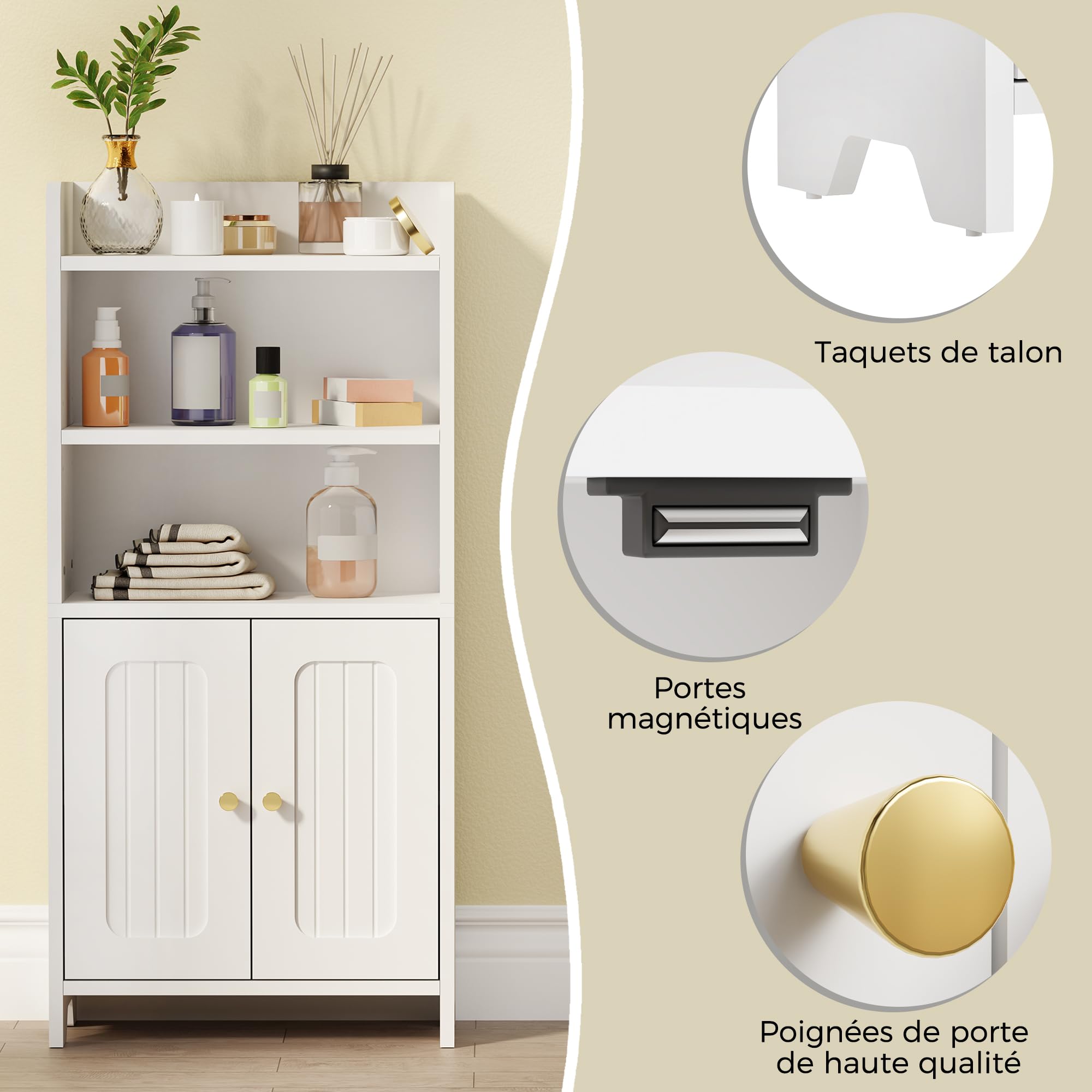 Bewishome Meuble Salle de Bain, Armoire Salle de Bain Petit Espace | Meuble de Rangement avec 2 Portes et Cloisons Réglables, 20 x 37 x 80 cm, Blanc, EYYG08W