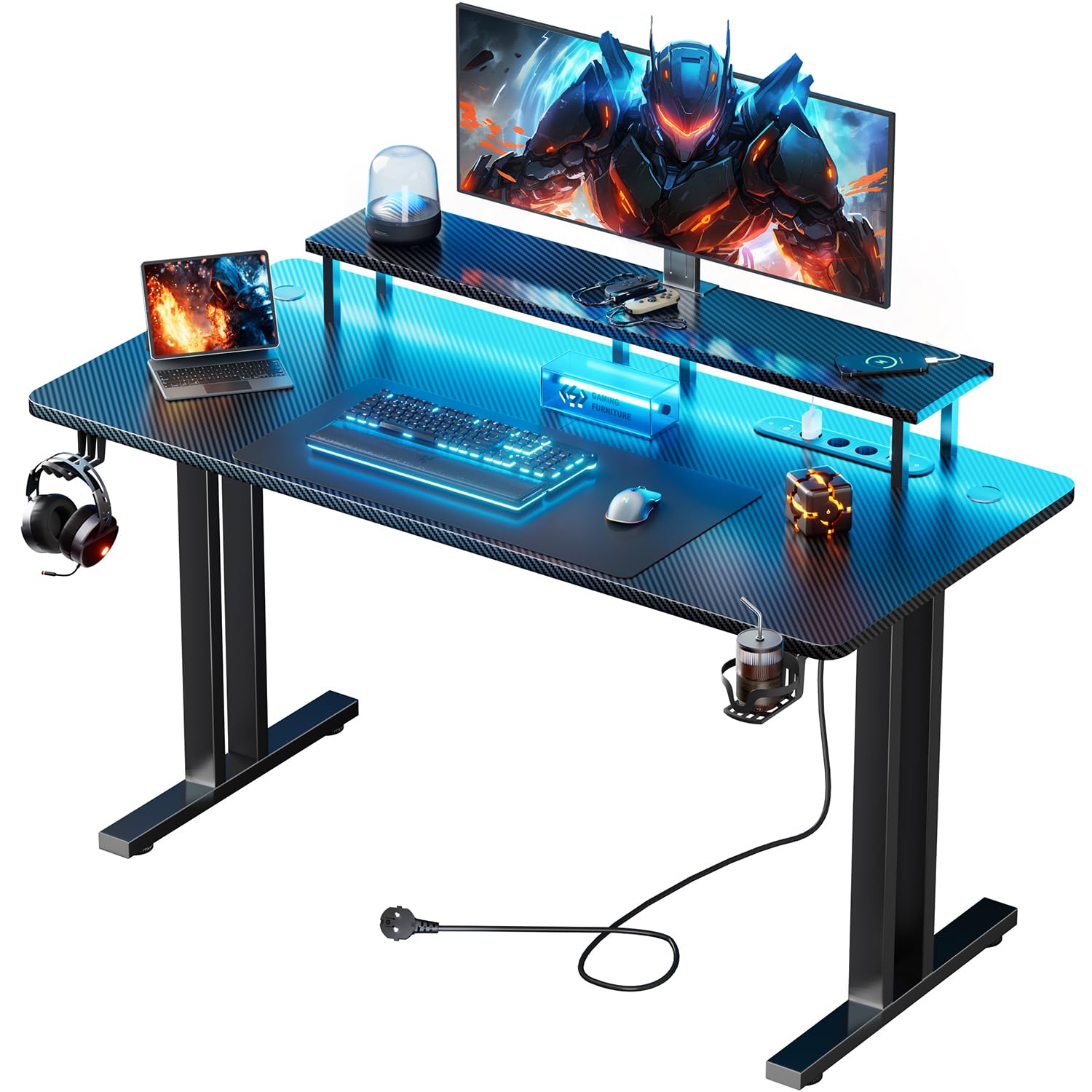 HLONONE Gaming Tisch mit LED & Steckdose, 140 x 60 cm, PC Tisch Schwarz | Computertisch mit Monitorständer, Typ-C-Anschluss & 2 USB-A-Anschlüssen, für Gaming und Büro