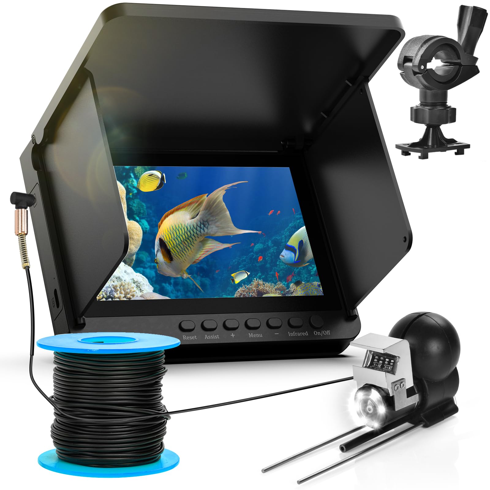 Buscador de peces IPS de 5 pulgadas para barco con 6000 mAh, cámara de pesca subacuática 1080 HD, gran angular de 220°, impermeable IP68, cámara de pesca en hielo de 30 m con 8 LED IR de alto brillo