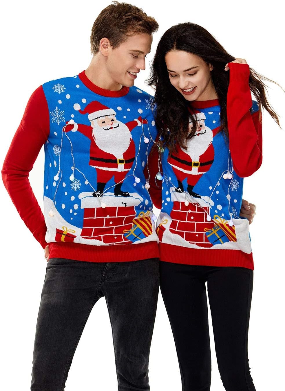 LED Ugly Christmas Sweater for Men, Unisex Women Xmas Pullover with Light for Party Festive Santa Holding The Led Lights Medium - Image 2