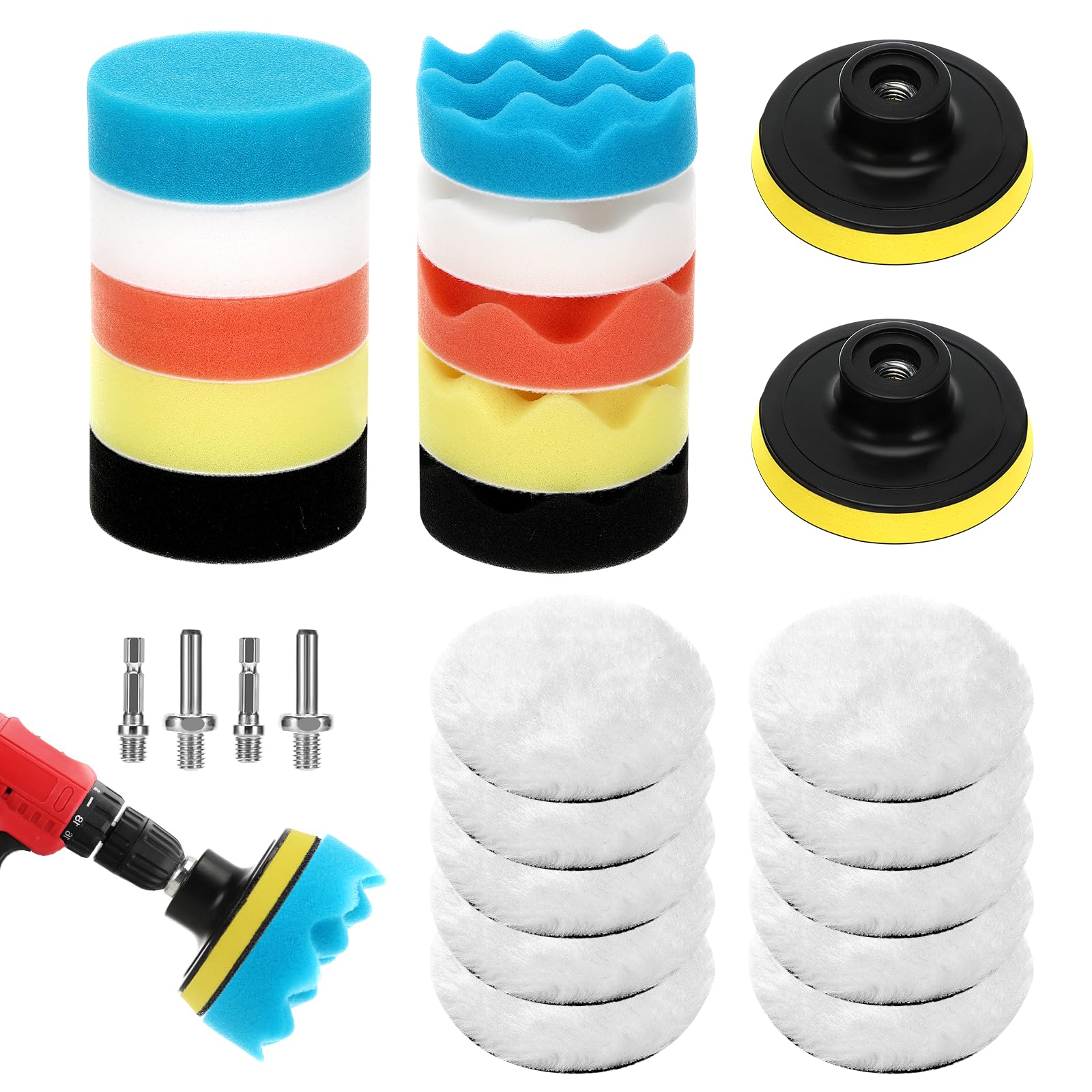 Zikenis Kit 26 Pièces Éponges De Polissage Voiture - Disques 80mm Avec Adaptateur M10 Pour Perceuse