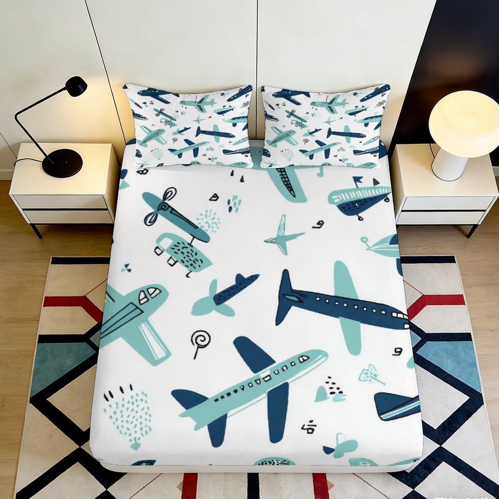 3D Printed Airplane Pattern Fitted Sheet Microfiber Soft Breathable Aircraft Design Bed Cover for Bedroom Dormitory Guest Room Mattress Protection 120x200x25cm