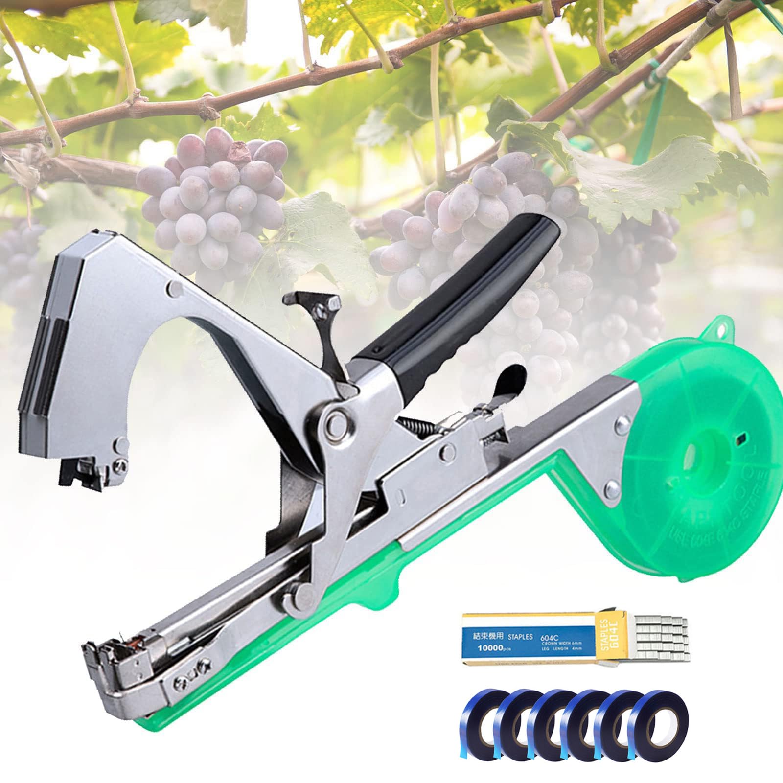 Vining Vegetables Garden Tape Tool - Máquina de atar a mano con 6 rollos de cinta y grapas para uvas, frambuesas y tomates
