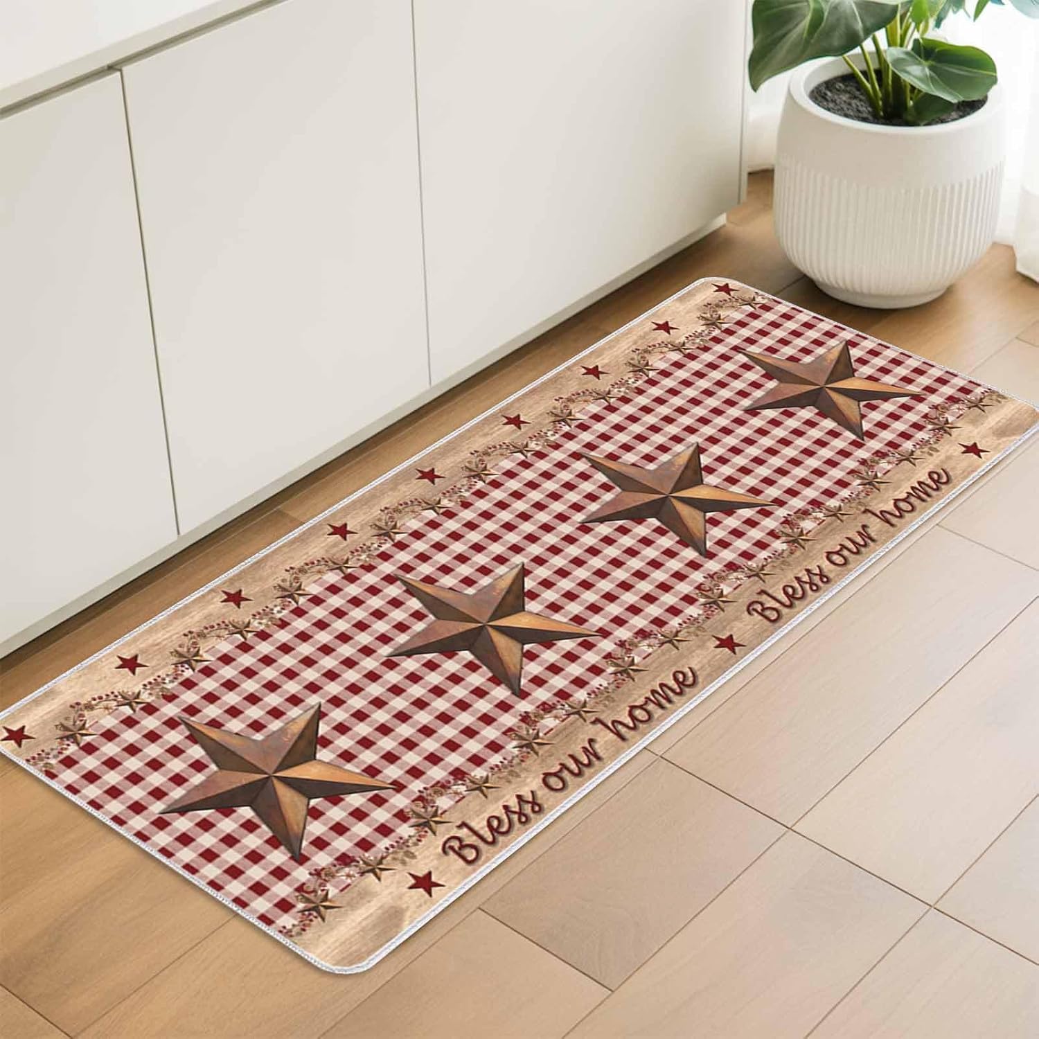 Vintage Western Star Red Plaid Kitchen Rug and Mat,Washable Floor Mats Standing Cushioned Set of 2,Farmhouse Wood Board Slip-Proof Doormat Runner Rugs for Indoor Bathroom Laundry Sink