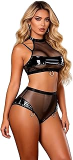 Ensemble De Lingerie Sexy pour Femme en Cuir + Maille 2 Pieces Haute + Culotte Bodystocking Nuisette Transparent Lingerie Sexy Coquine Hot Tenue éRotique Hot Grande Taille sous Vetements