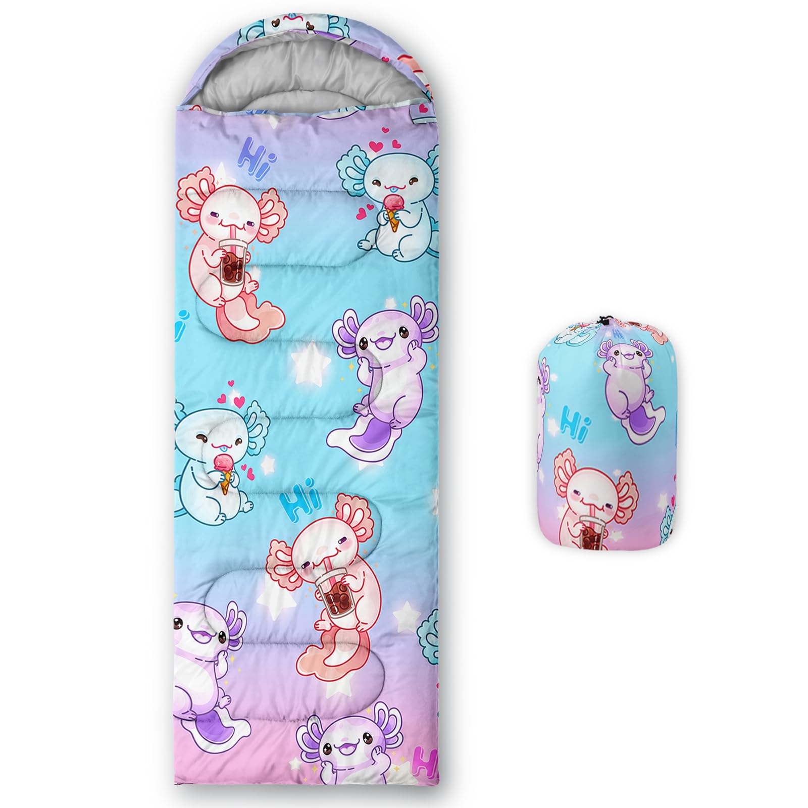 QOOMO Cartoon Axolotl Printed Camping Sleeping Bags,3 Season Warm & Cool Weather,Lightweight,Waterproof Sleeping Bags for Adults & Kids,Traveling,and Outdoors,Camping Gear Equipment