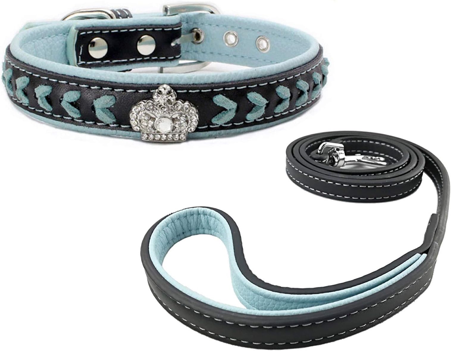 Newtensina Dog Collar and Lead Set Nylon Straps Woven Bling Collar Leather Diamante Puppy Collar with Leash for Dogs - Blue - S