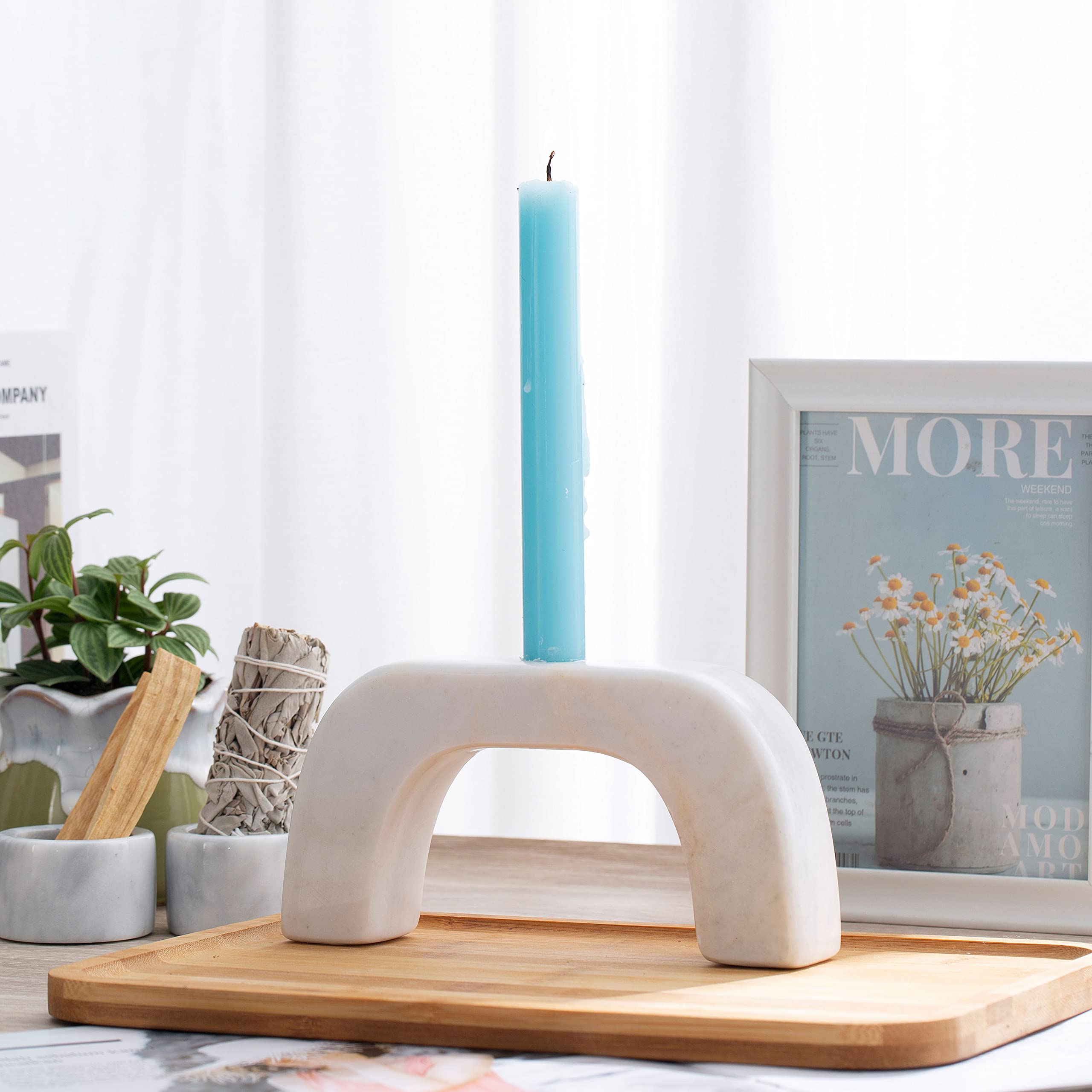 Bougeoir moderne à 3 mèches en marbre pour décoration d'intérieur (blanc naturel)