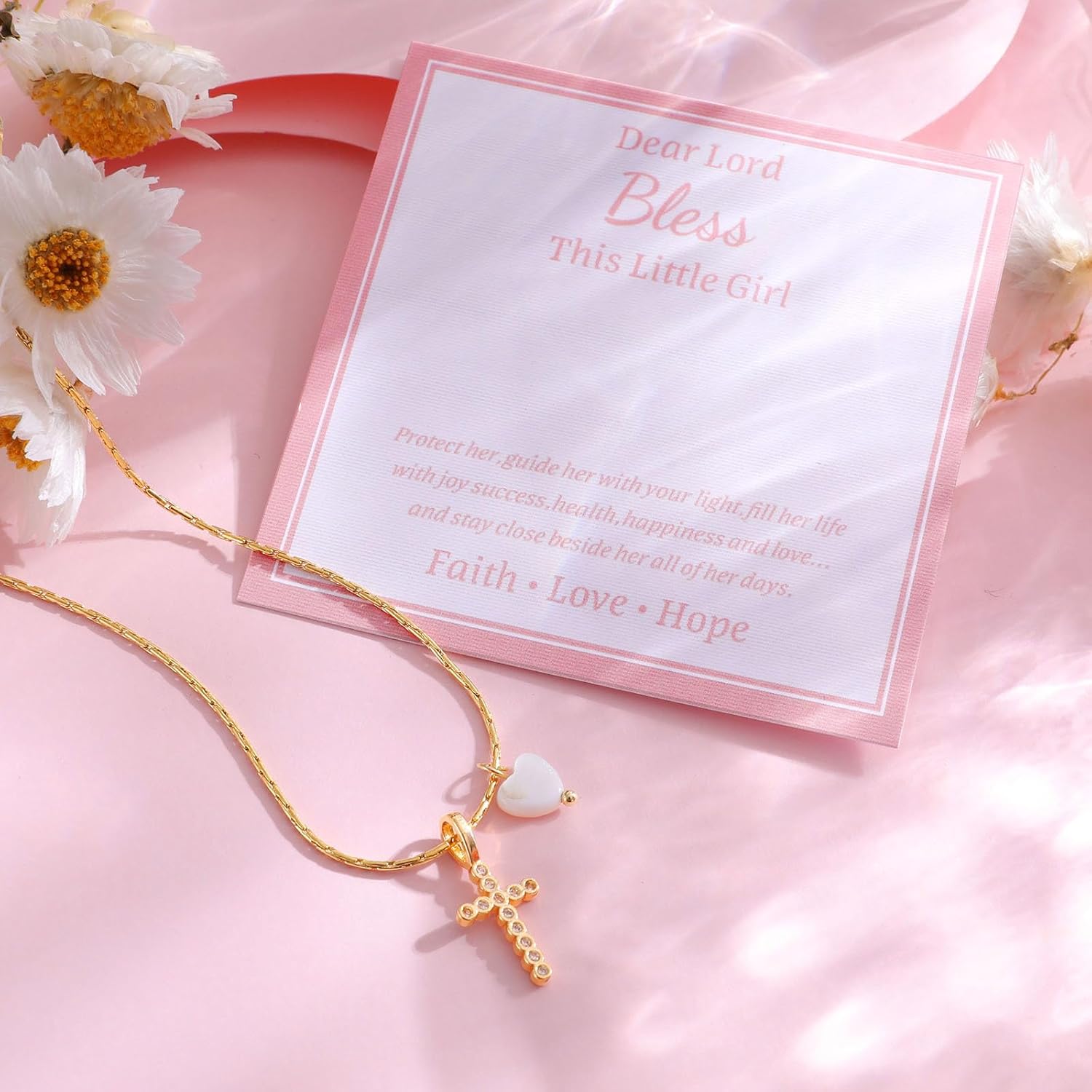 Gold Plated Pearl Heart Cubic Zirconia Cross Pendant Chain Necklace Christening Jewelry Baptism First Communion Confirmation Easter Christmas Gifts for Girls Teens Kids - Image 5