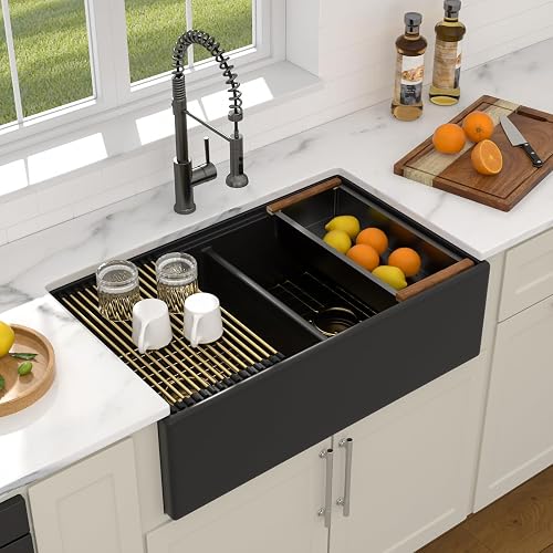 Dcolora 33" Black Ceramic Porcelain Farmhouse Sink, Fireclay Apron Front Kitchen Sink Workstation with Gold Accessories, Deep Double Bowl Design, 33"x20"x10"