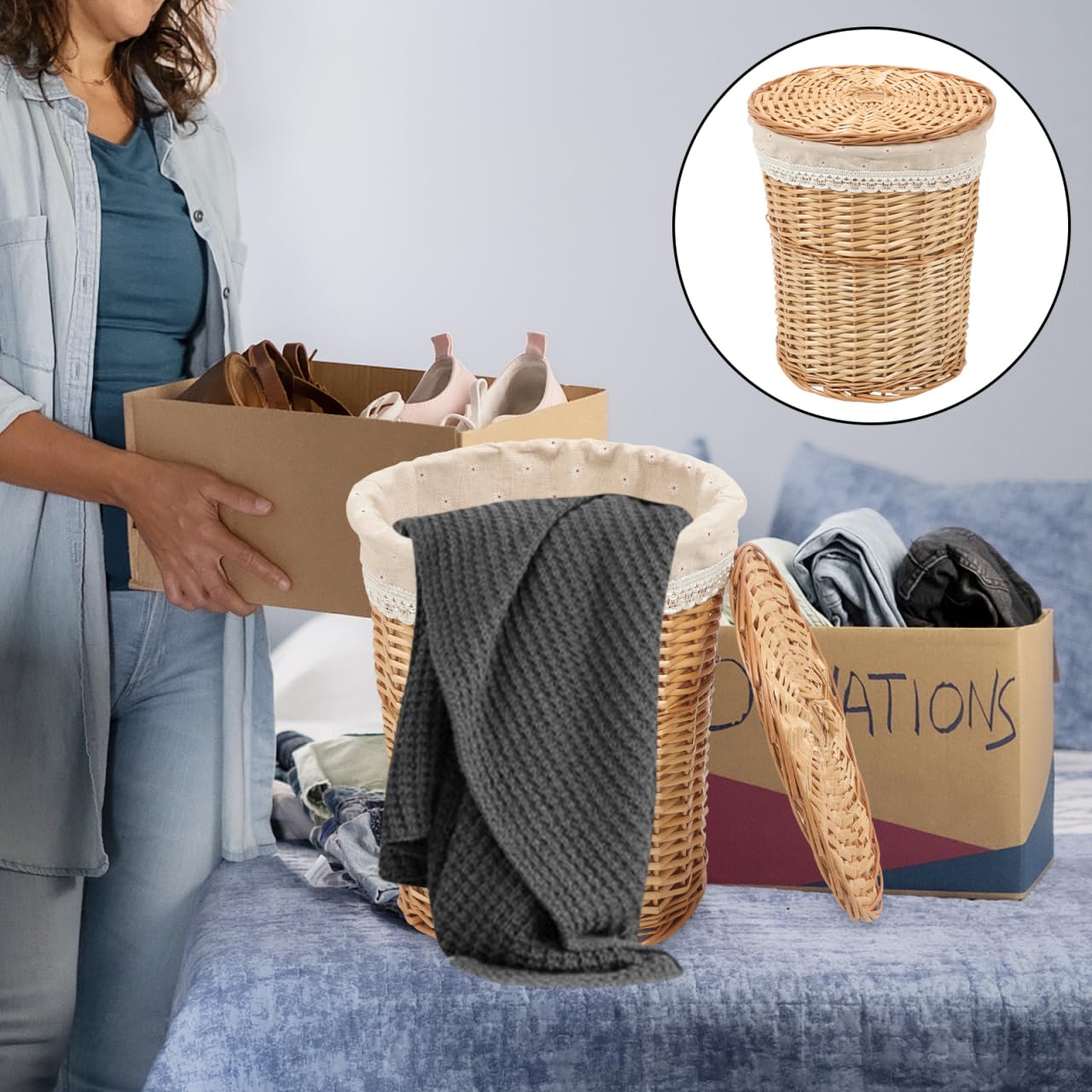 Alipis Cesto Portabiancheria Vimini Con Coperchio 13.8X13.8X13.8 Pollici Cesto Intrecciato Multifunzione Organizer Per Vestiti Sporchi Asciugamani E Teli Da Bagno Perfetto Per Casa Hotel