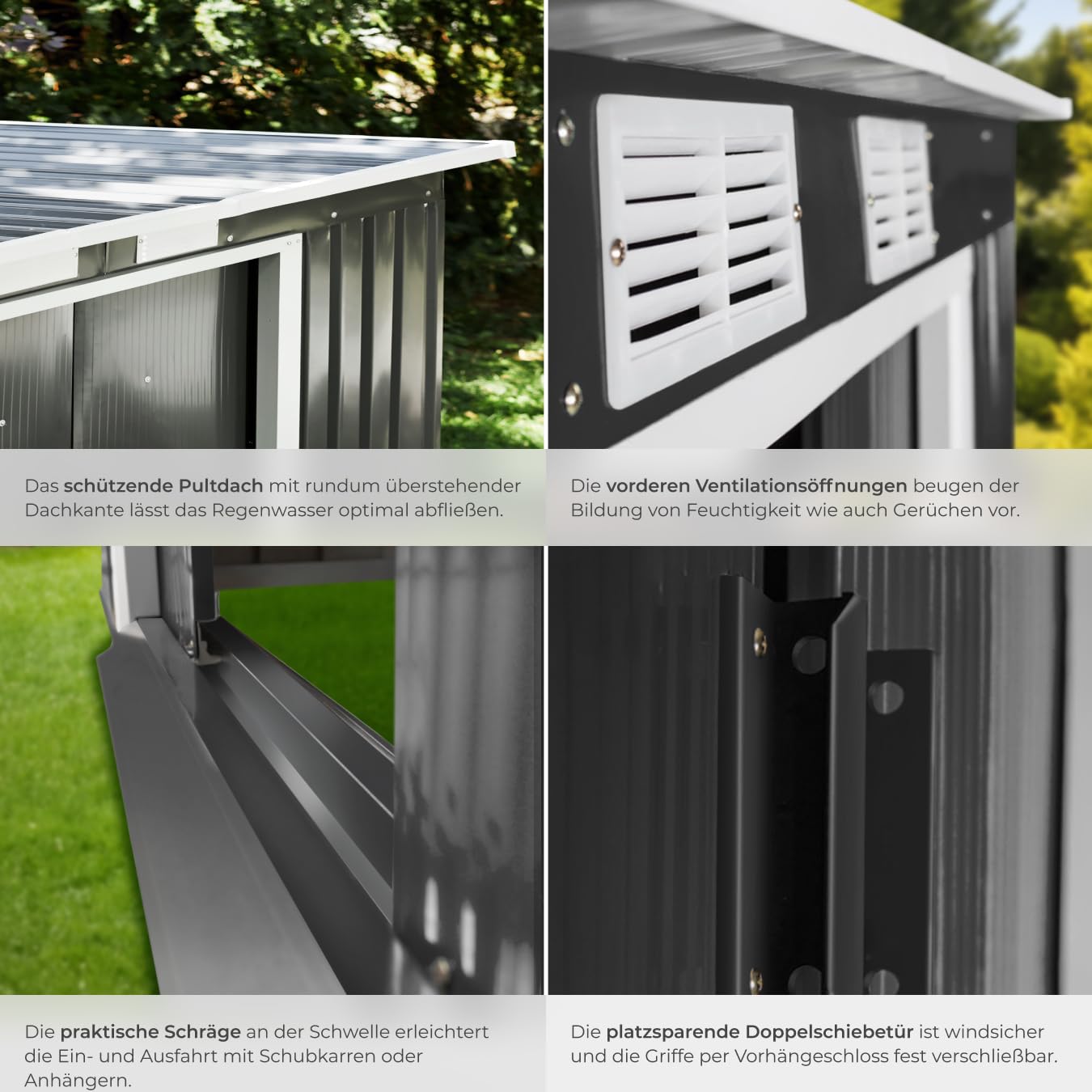 tectake® Metall Gartenhaus mit Schrägdach, Geräteschuppen Garten mit Schiebetür, Gerätehaus mit Metallfundament, als Gartenschuppen, Gartenhütte oder Fahrradgarage, 4 m³ Lagerfläche - grau/weiß