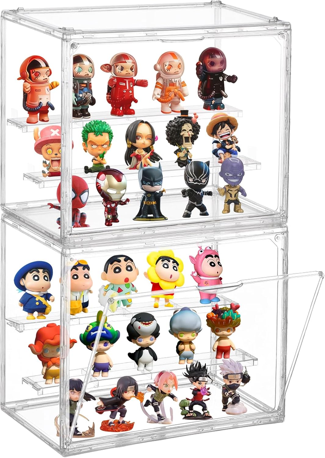 2 Pack Clear Acrylic Display Case for Collectibles, 3 Layer Adjustable Hobby Figure Display Case Box with Magnetic Door, Stackable Blind Box with 3 Shelves for Figurines, Figure, Model 100% Acrylic