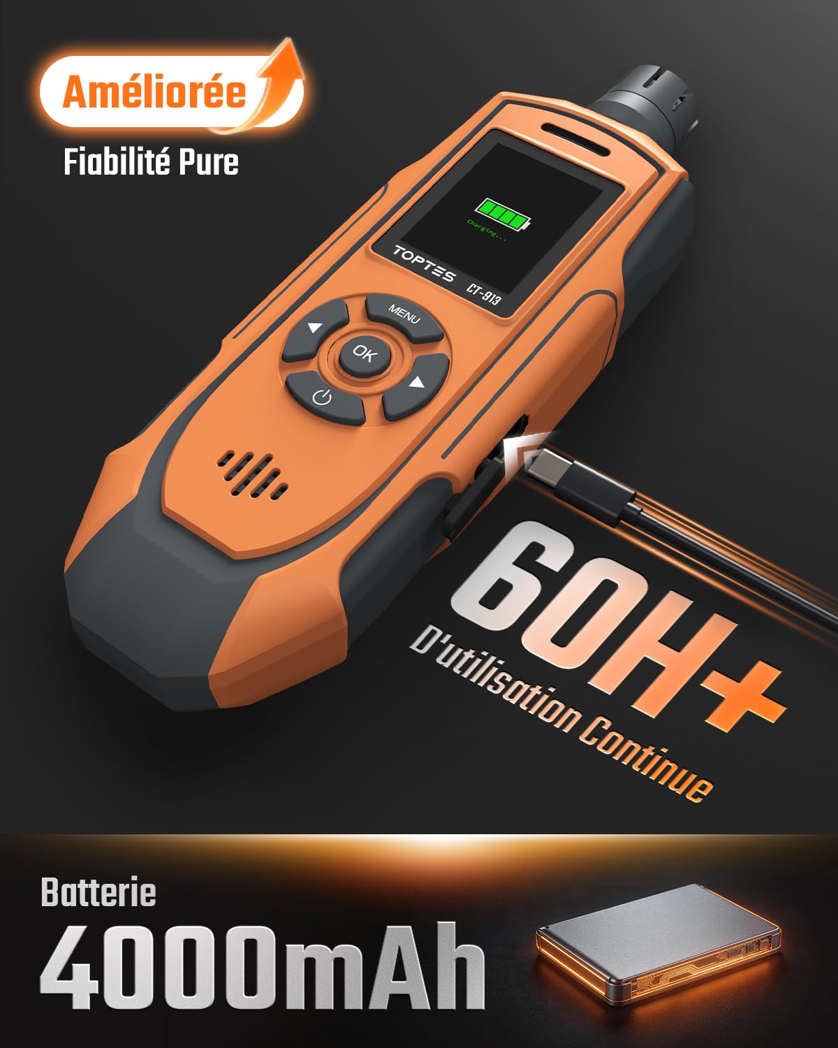 TOPTES CT-913 Détecteur de monoxyde de Carbone Portable, détecteur de CO Rechargeable avec capteur amélioré, écran Couleur TFT et Triple Alarme, 0–1000 ppm pour Camping, Voyage, Usage Professionnel