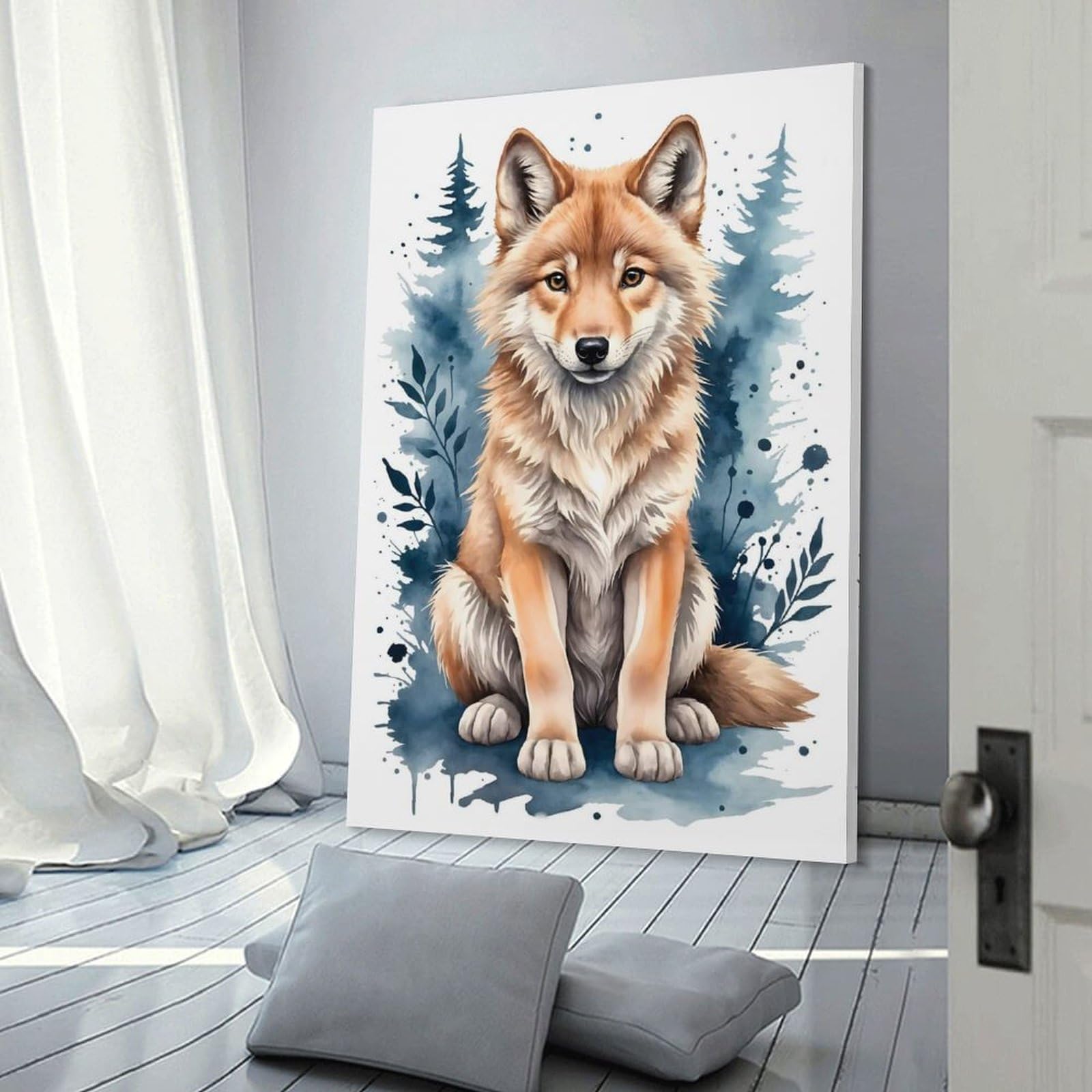 Junmoney Canvas Wall Decor Wolf Watercolor, 08x12inch(20x30cm), for Flats, Guest Rooms Or Compact Rooms, Wall Decor with Flexible Room Appeal