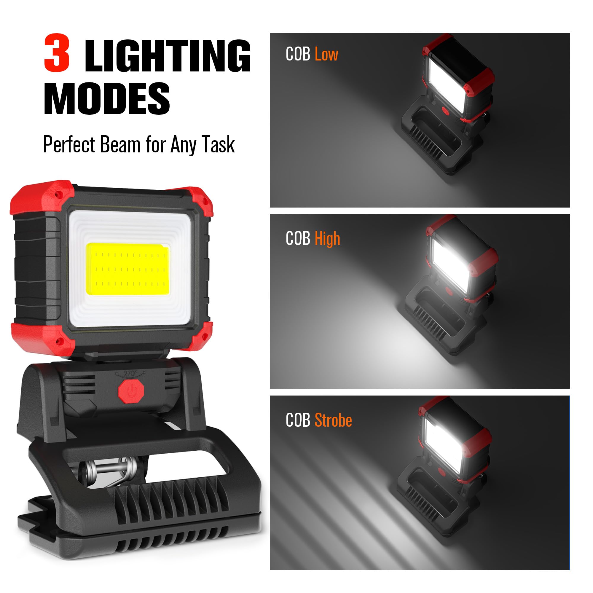 Yls LED-Arbeitsleuchte, 2100 lm, wiederaufladbar, COB, magnetisch, mit 3 Lichtmodi, 270 ° und 180 ° drehbar, tragbare Klemme, Arbeitsleuchte für Baustelle, Autoreparatur, Werkstatt